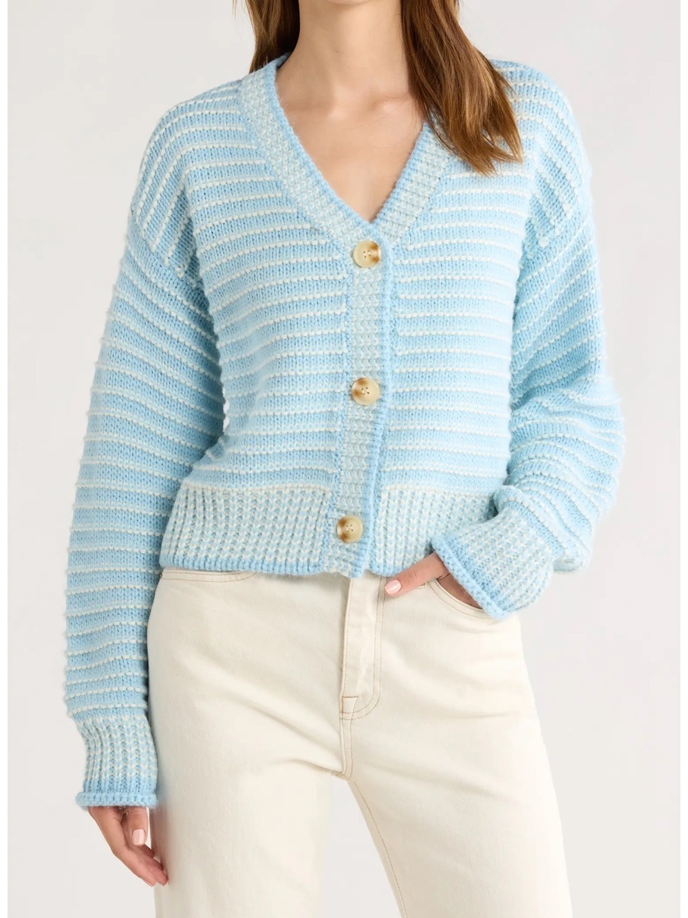 Light Blue Striped V-Neck Button Cardigan Sweater